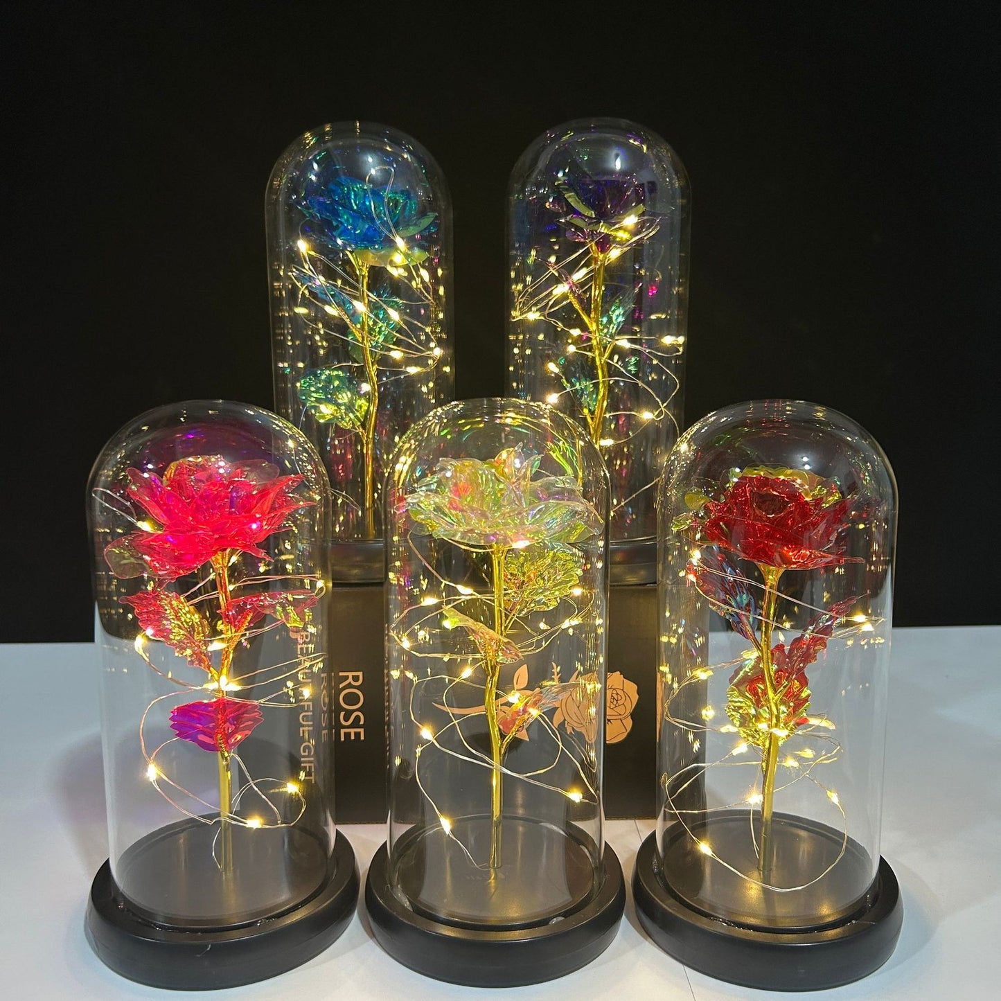 Glass Dome LED Light Mother's Day And Christmas Gift Plastic Preserved Flowers Plant Women Eternal Galaxy Rose Forever Rose