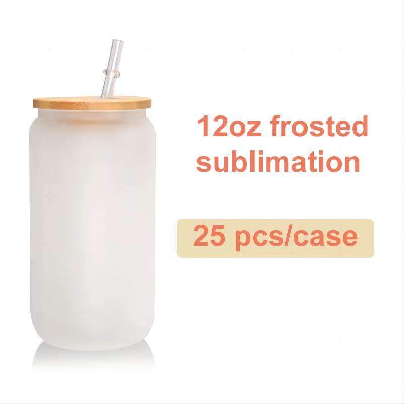 US Warehouse Stock 12 Oz 16 Oz Clear Frosted Sublimation Blank Glass Mason Can Beer Can Glass With Bamboo Lid And Straw