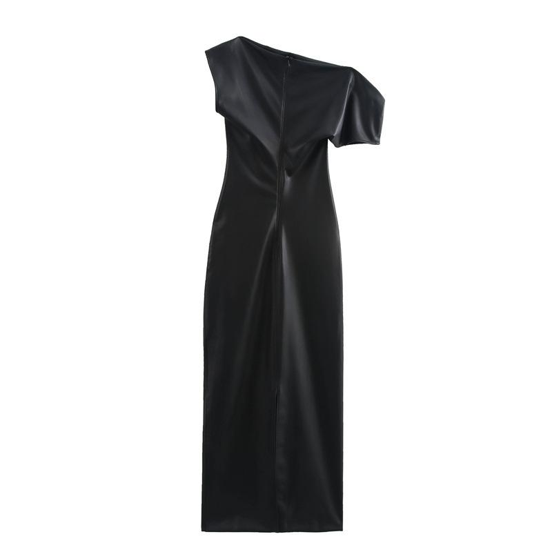 GX10898 Fashion Women Boutique PU Leather Short Sleeve Maxi Dress Elegant Party Dress