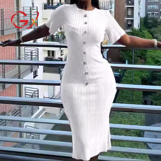 GX3145 New 2024 Summer Wholesale Women's Short Sleeve Elegant Knitted Tight Dress Wrap Midi Dress