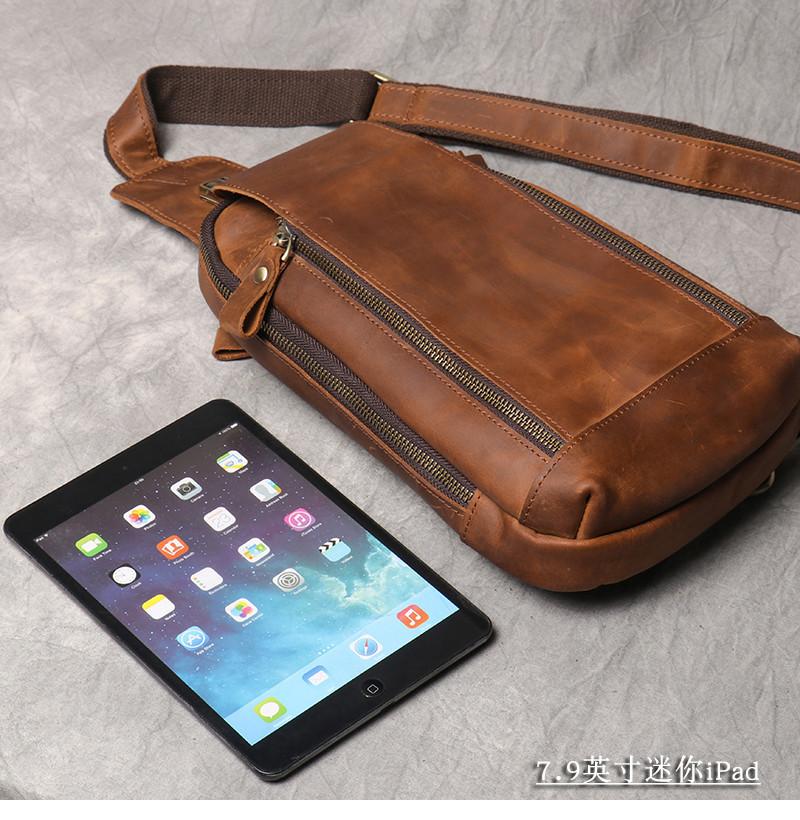 New Crazy Horse Show Leather Chest Bag Retro Genuine Leather Men's Bag Retro Casual Shoulder Bag Suitable For 7.9-inch IPad