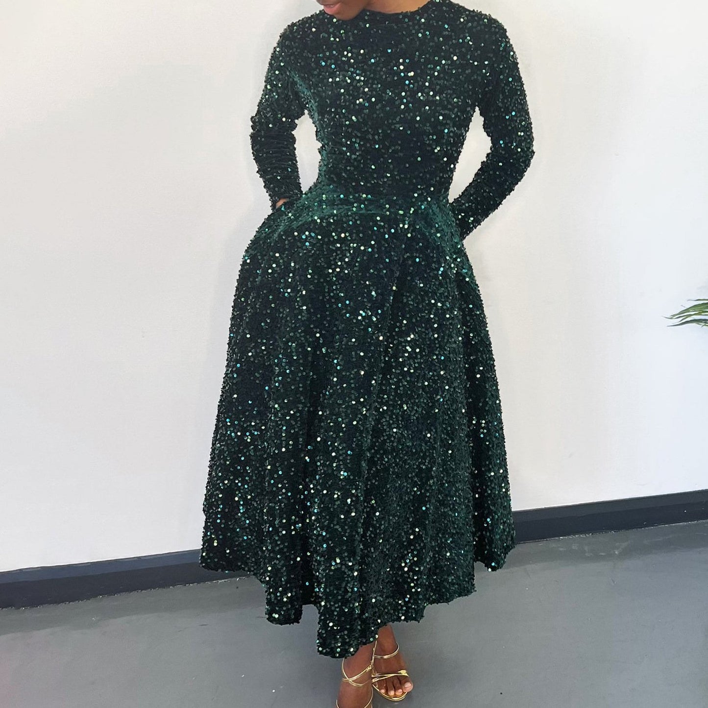 D469 Fashion Party Dress Women O Collar Long Sleeve High Waist A Line Sequin Dress Women Luxury Evening Dress
