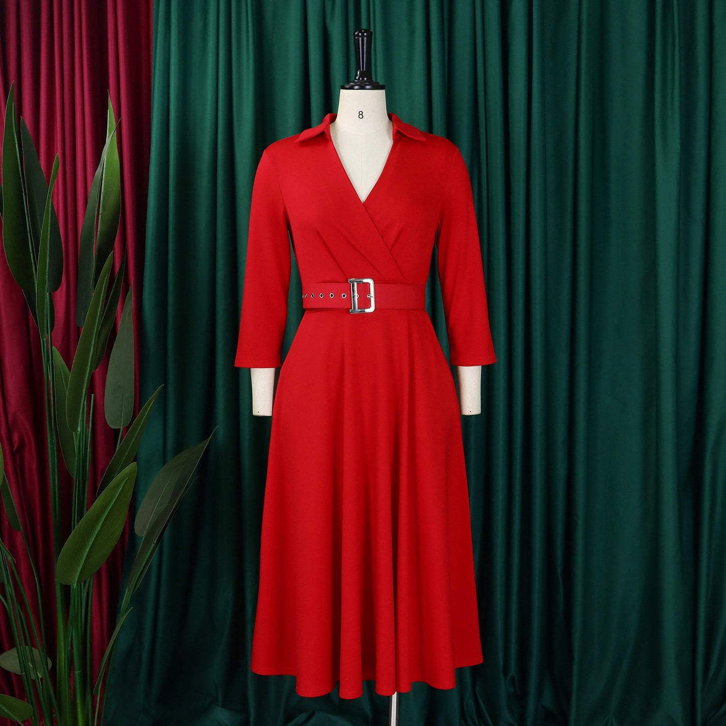 Elegant Women's Lapel Solid Color High Waist Maxi Business Casual Dress Half Formal Suit