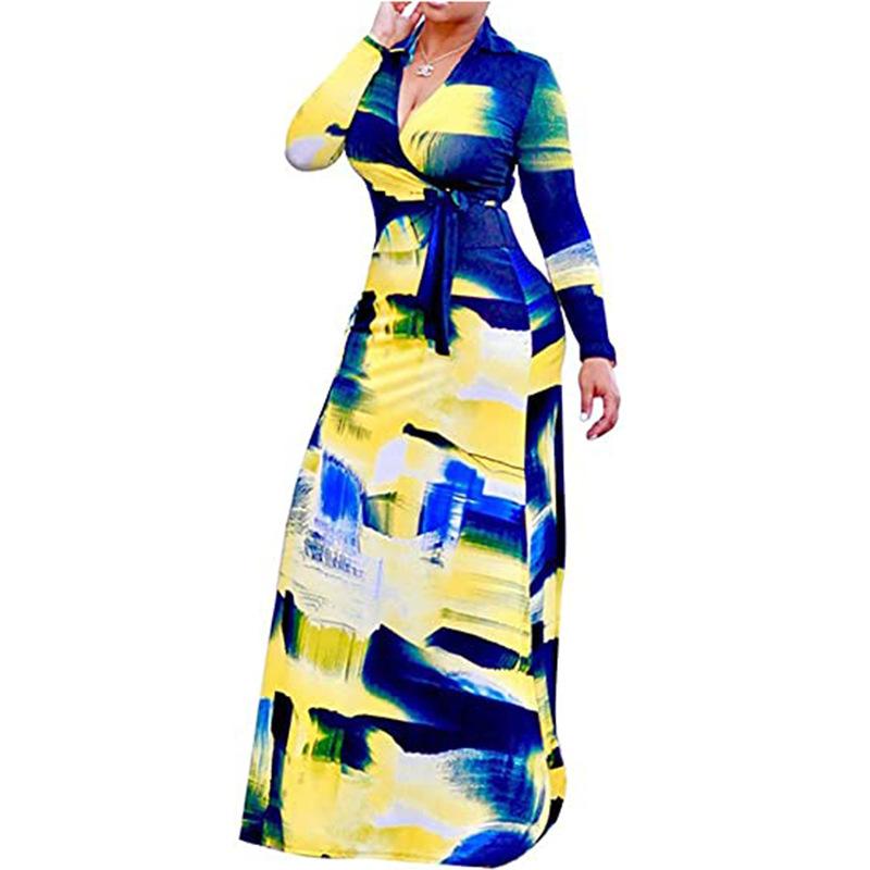 Women's S-5XL Plus Size Printed Long Sleeve Dress Crossover V-Neck Dress Maxi Long Casual Dress