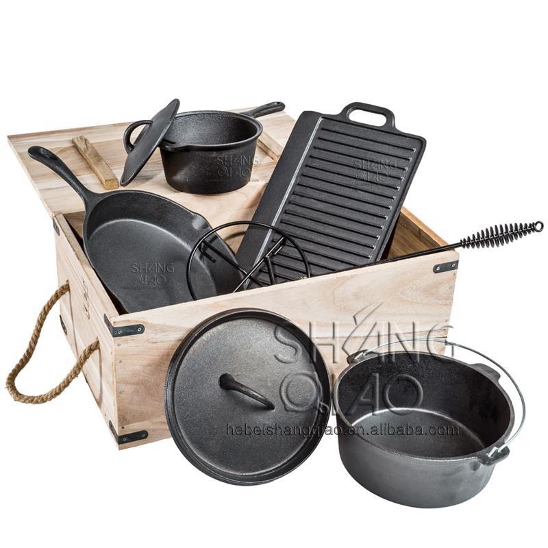 Pre-seasoned Frying Pan With Sauce Cast Iron Dutch Oven Pan Cookware Suit Wooden Crate
