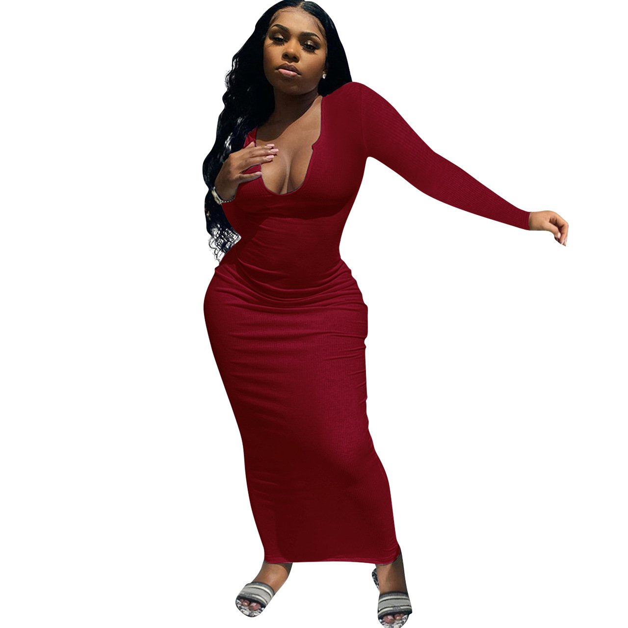 Wholesale Women's Deep V-neck Slim-fit Sexy Long Sleeve Dress Women's Summer Clothes Women's Casual Dress
