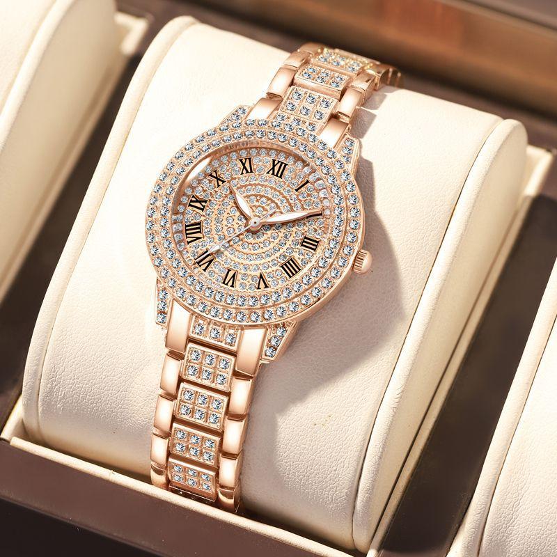 Fashion Women's Diamond Watch Rose Gold Dial Quartz Glass Digital Stainless Steel Watch Alloy Unisex 6mm Round 20cm 60g