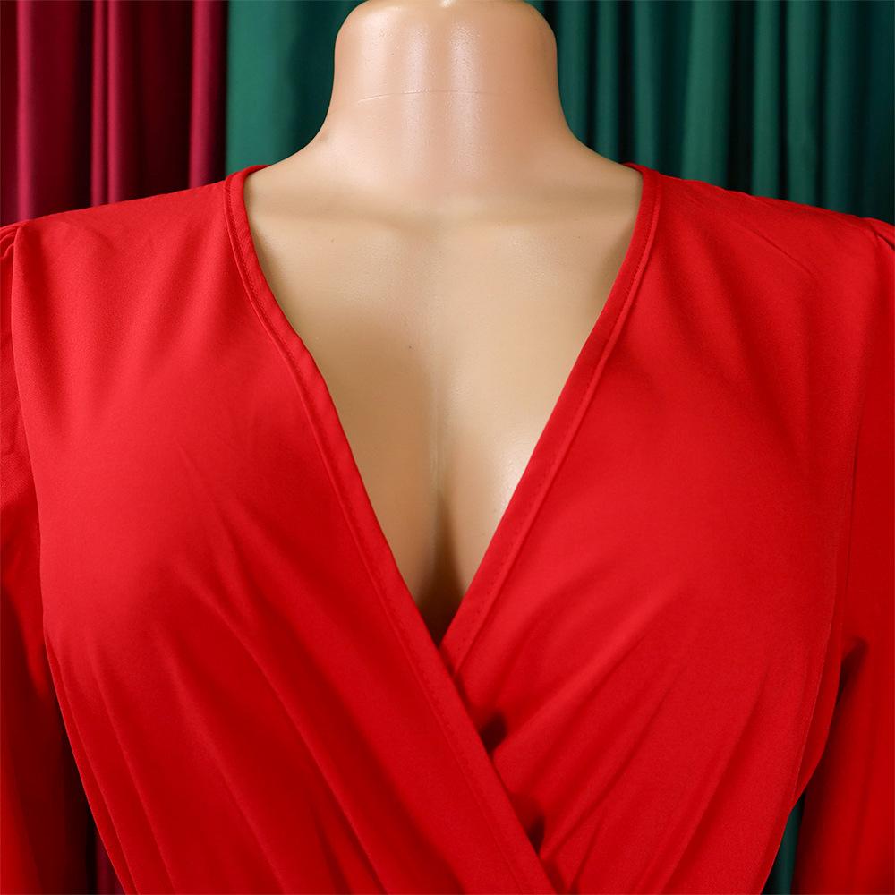 D419 Latest Design Ladies Office Dress Ladies Elegant Solid Color Long Sleeve Lace-up V-Neck Slim Pleated Skirt