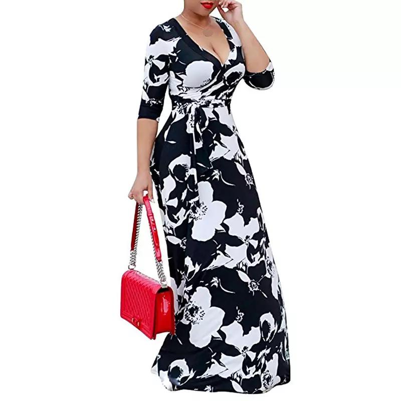 Women's S-5XL Plus Size Printed Long Sleeve Dress Crossover V-Neck Dress Maxi Long Casual Dress