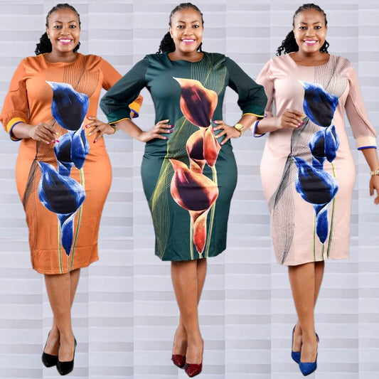 African Women Plus Size Dress O Collar 3/4 Sleeve Printed Office Dress Women's Pencil Midi Dress