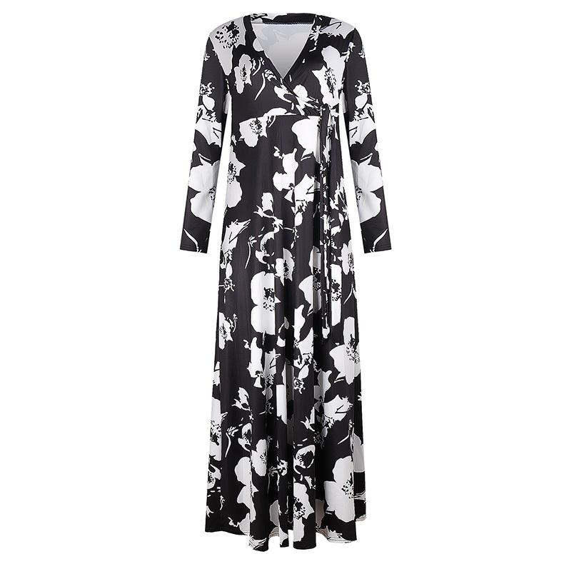 2024 Plus Size Women's Long-sleeved Women's Fat V-neck Printed Lace-up Waist Women's Maxi Skirt Women's Casual Wear