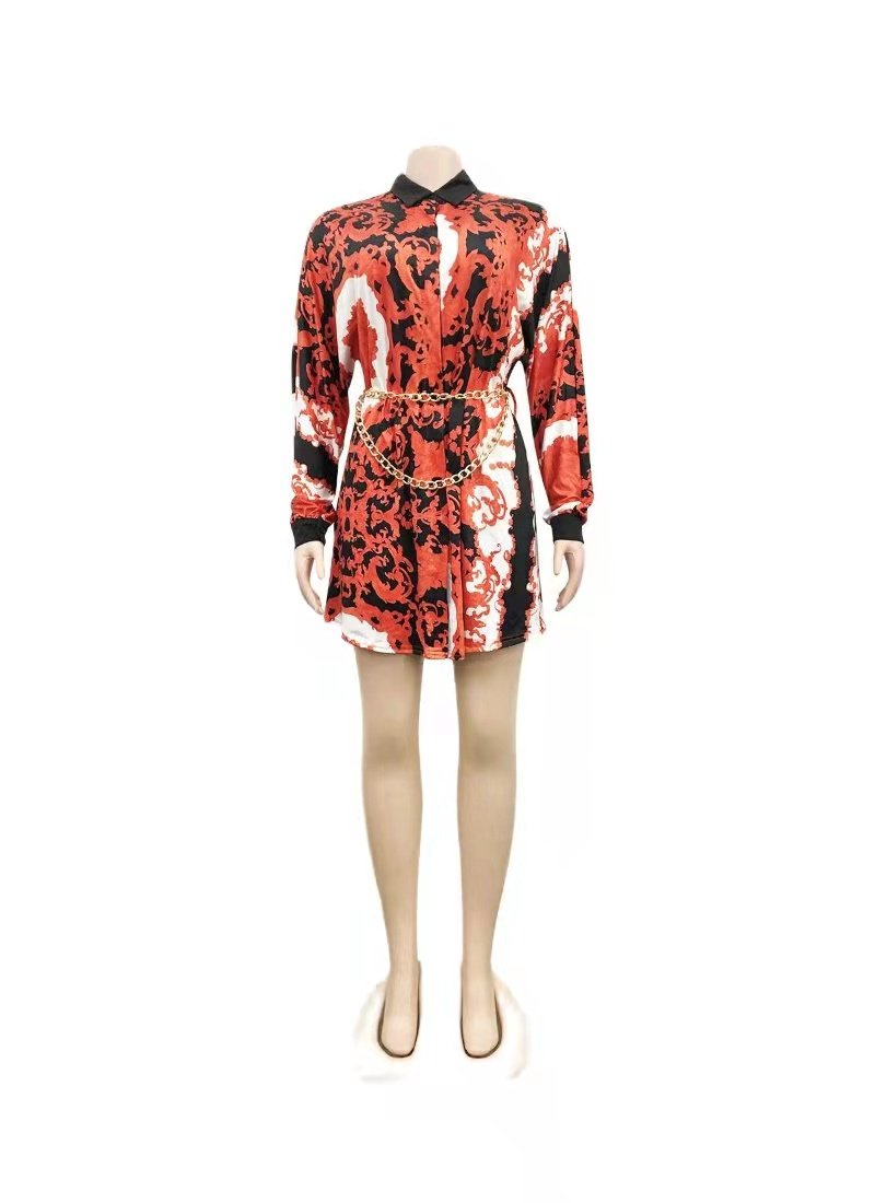 New Mature Women's Long Sleeve Casual Dress Fashion Women's Office Clothing Women's Chain Belt Printed Shirt Dress