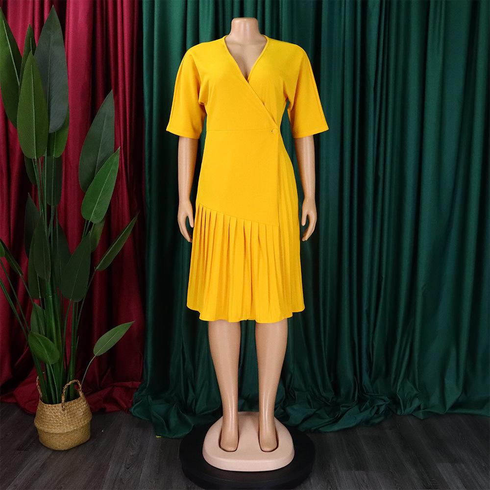 Latest Design Custom V-neck Waist Fashion Short Sleeve Pleated Irregular Tight Fashion Casual Dress