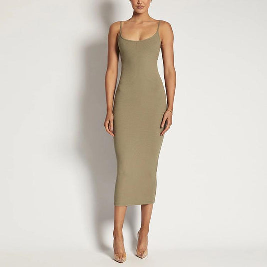 Knitwear Clothing Manufacturer Open Back Decorative Knitted MIDI Dress Rib Sweater Summer Knitted Dress Women