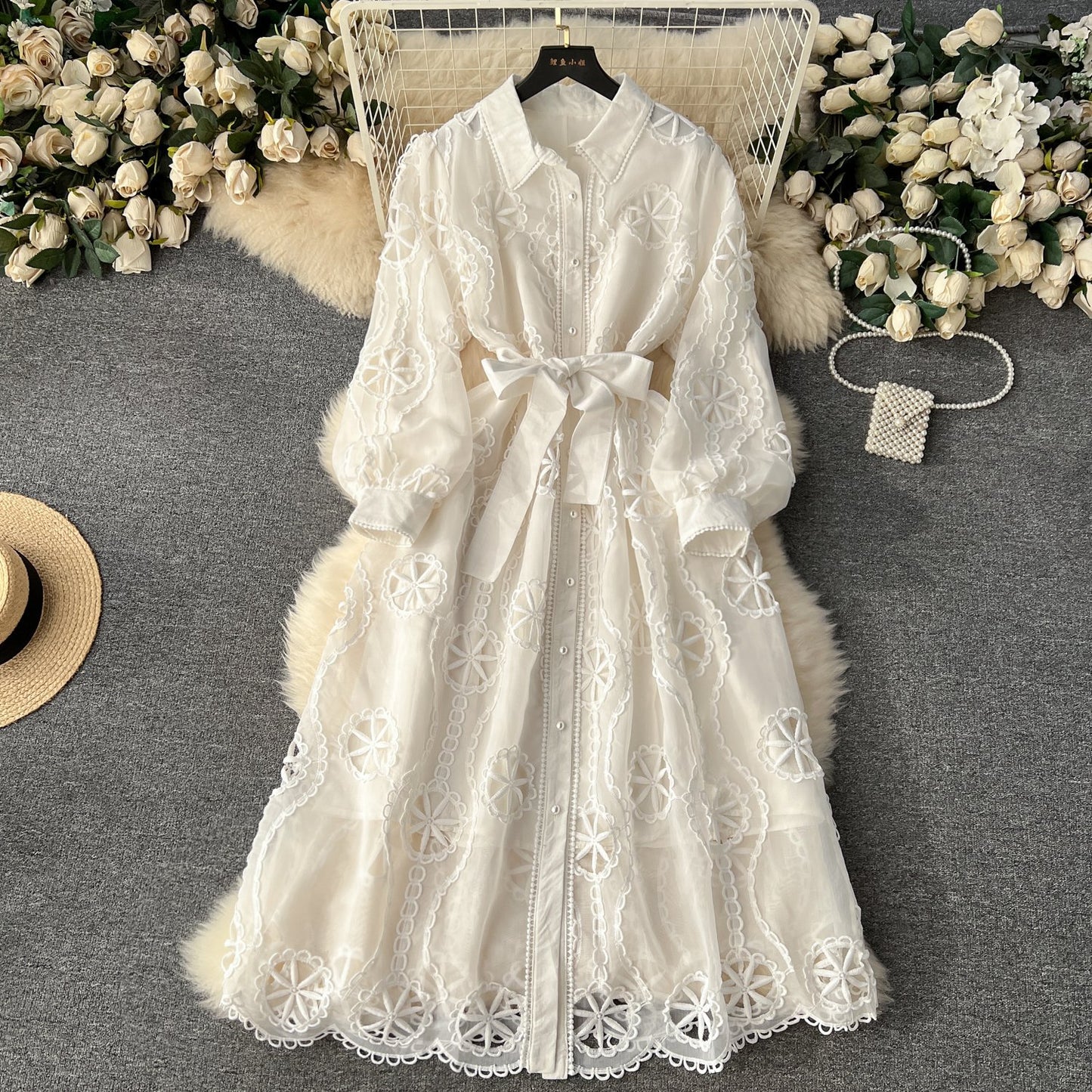Wholesale 2024 Spring New Embroidered Hollow Flower Single-breasted Slim-fit Medium Bubble Sleeve Women's Clothing
