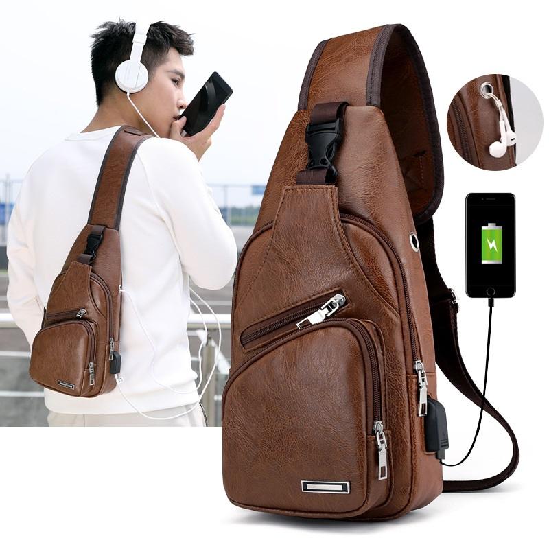 Wholesale Customizable Leather Men's Crossbody Bag Outdoor Shoulder Bag Multifunctional Chest Bag Men's Casual Sling Travel