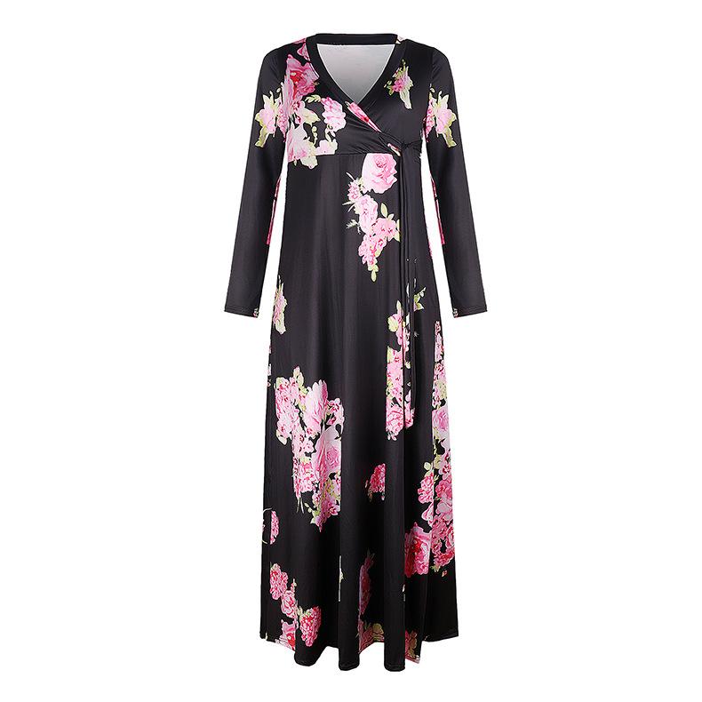 2024 Plus Size Women's Long-sleeved Women's Fat V-neck Printed Lace-up Waist Women's Maxi Skirt Women's Casual Wear