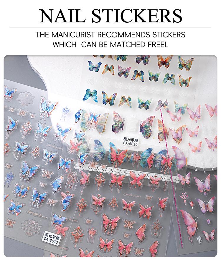 Honey Girl Hot Sell Adhesive Pink Blue Butterfly Nail Art 3D Decal Sticker