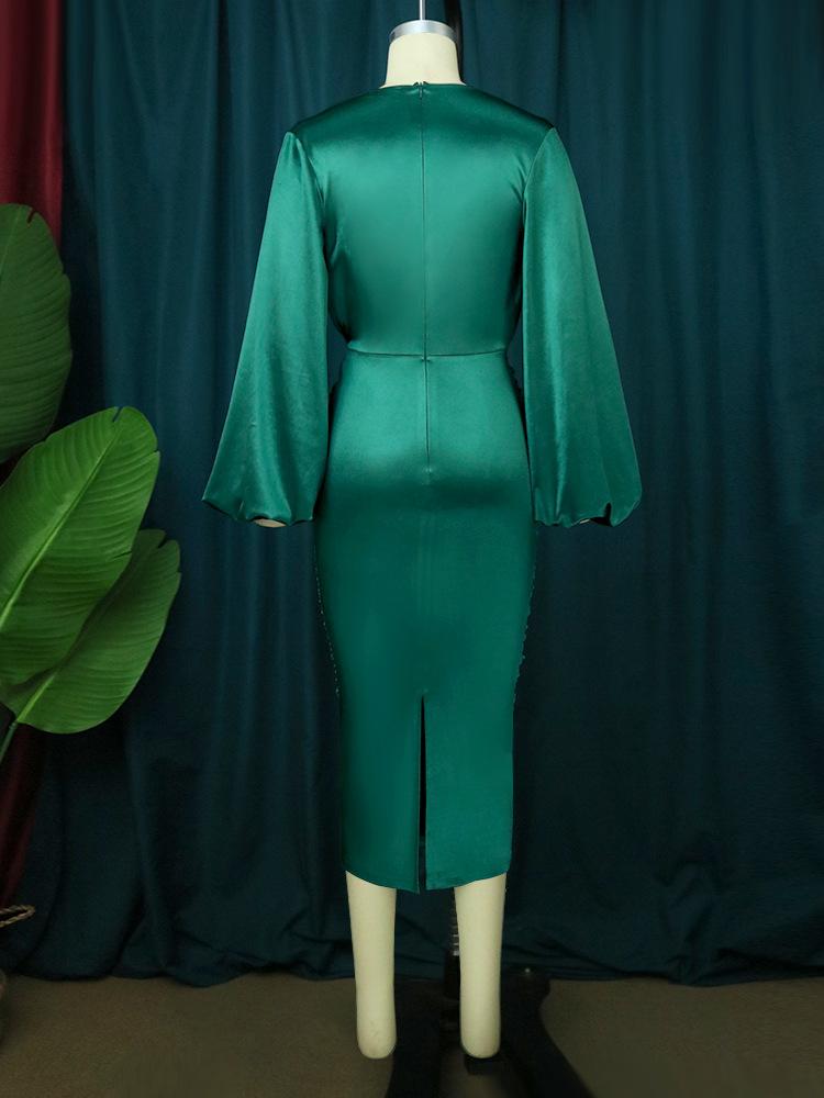 Y307044 Pleated Green Satin Dress Long Puff Sleeve High Waist Soft Midi Banquet Party Plus Size Women's Clothing