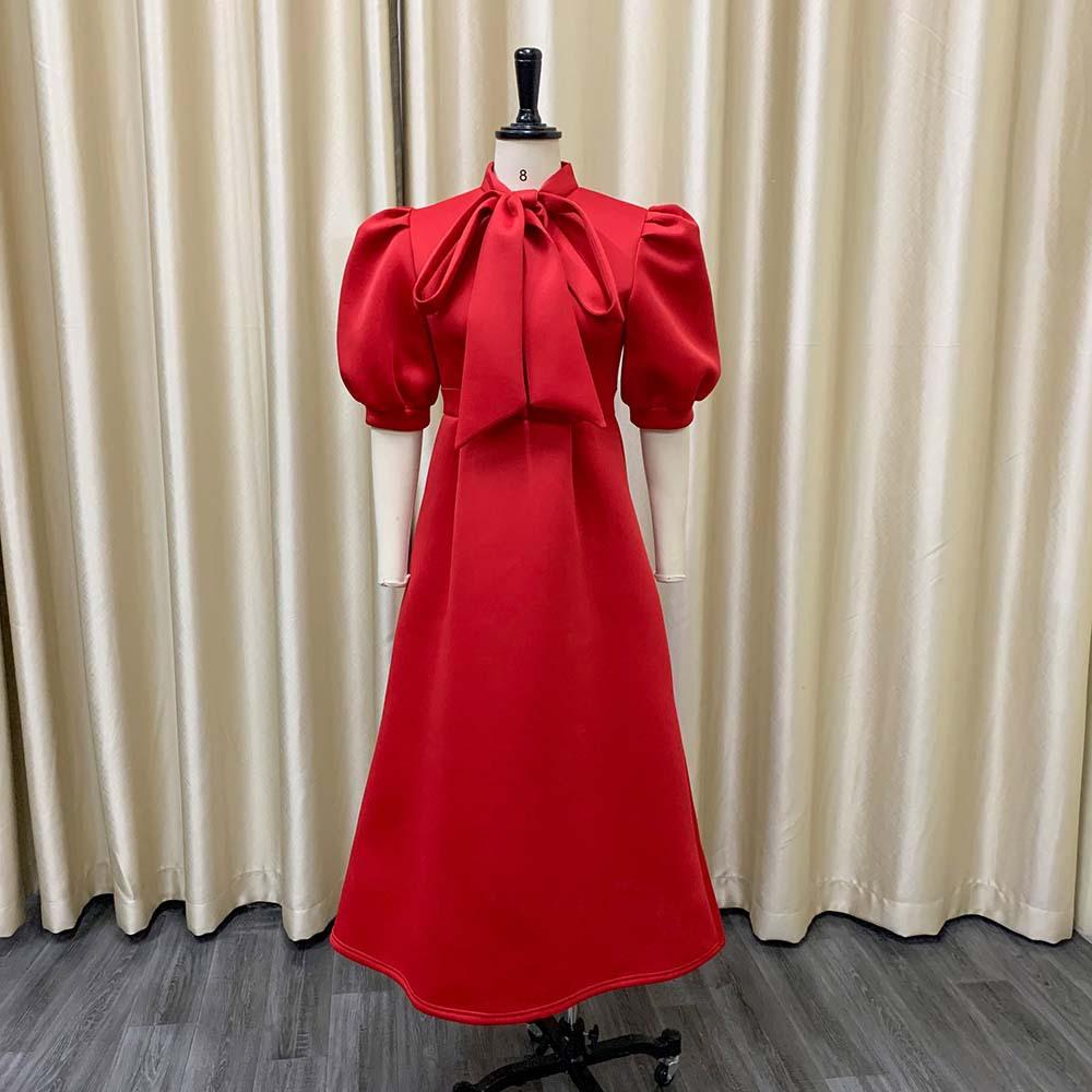 D235 Latest Design Summer Banquet Dress Women Elegant Solid Color Bow Short Sleeve Party Dress Evening Dress