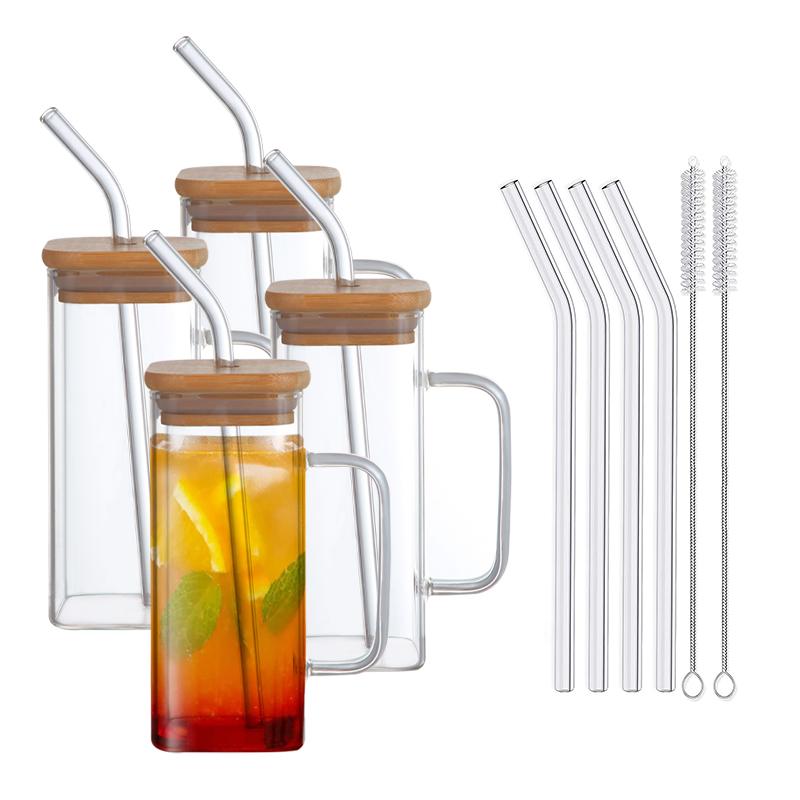 Hot Sale Water Tumbler Transparent Glassware Beverage Ice Coffee Tea Cup Square Glass Cup With Lid Straw Handle