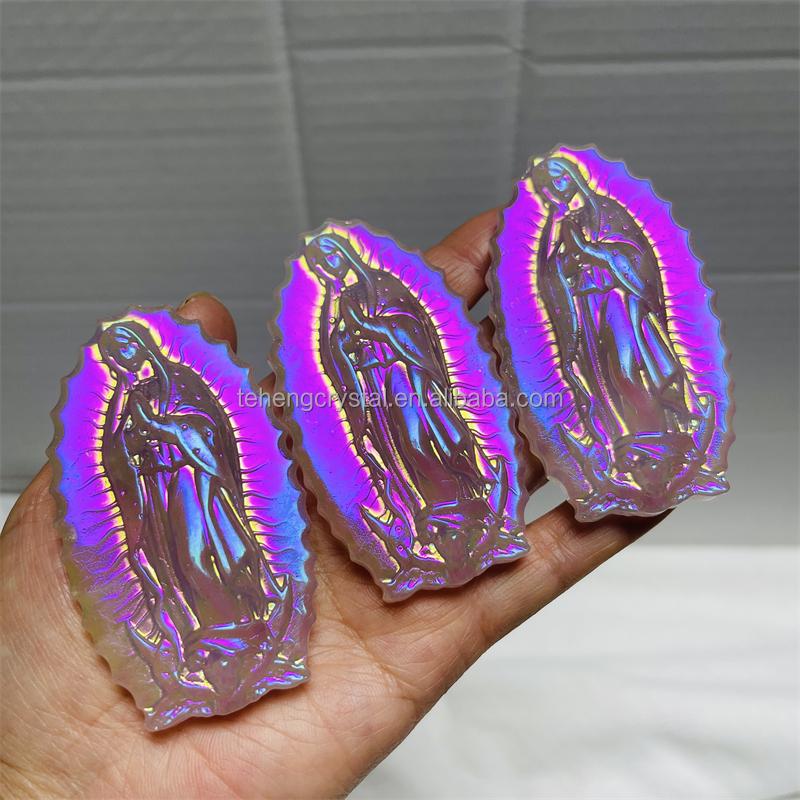 Wholesale Halo Pink Crystal Carved Virgin Mary Plated Rose Quartz Carved Santa Maria Gift