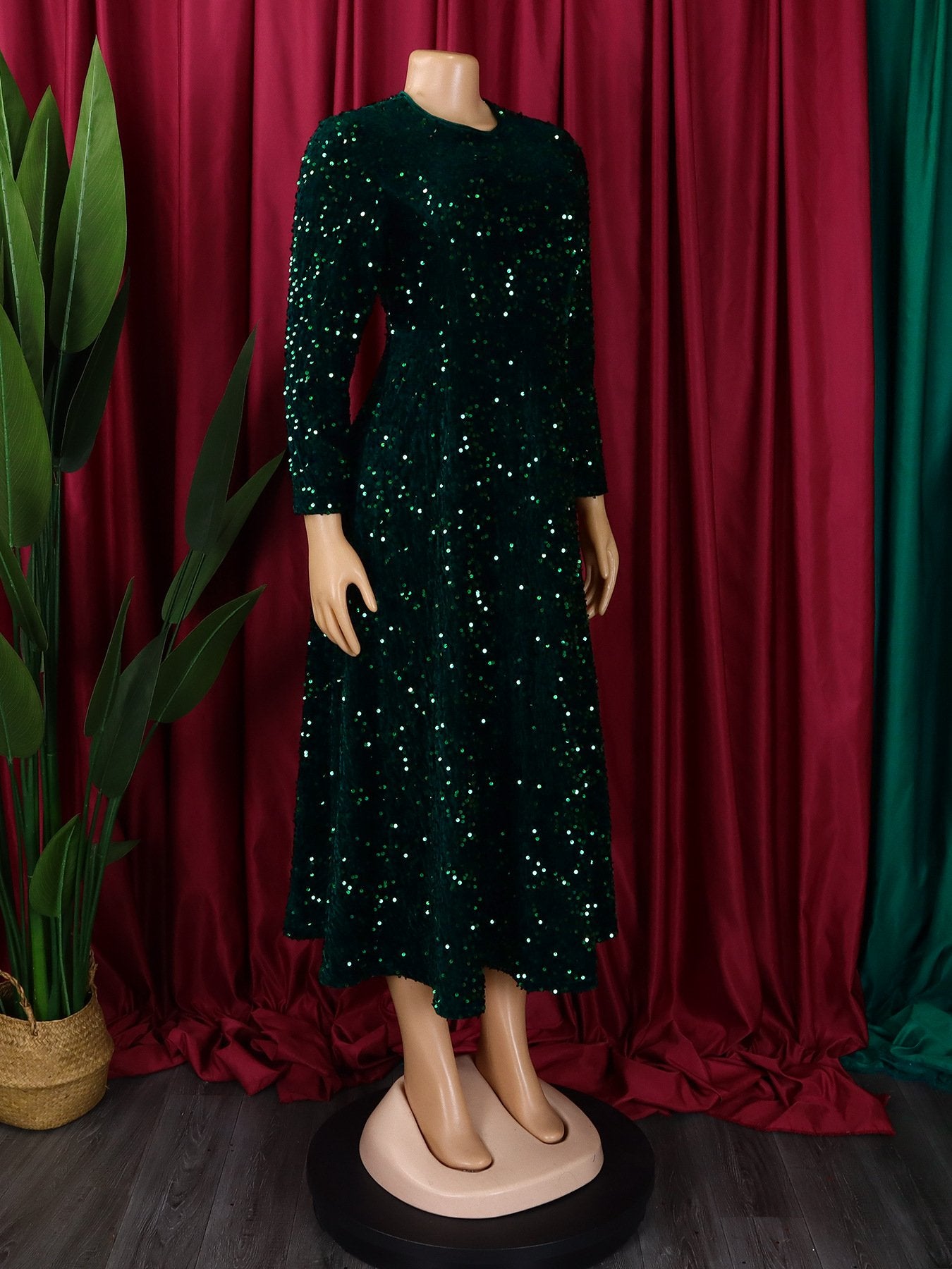 D469 Fashion Party Dress Women O Collar Long Sleeve High Waist A Line Sequin Dress Women Luxury Evening Dress