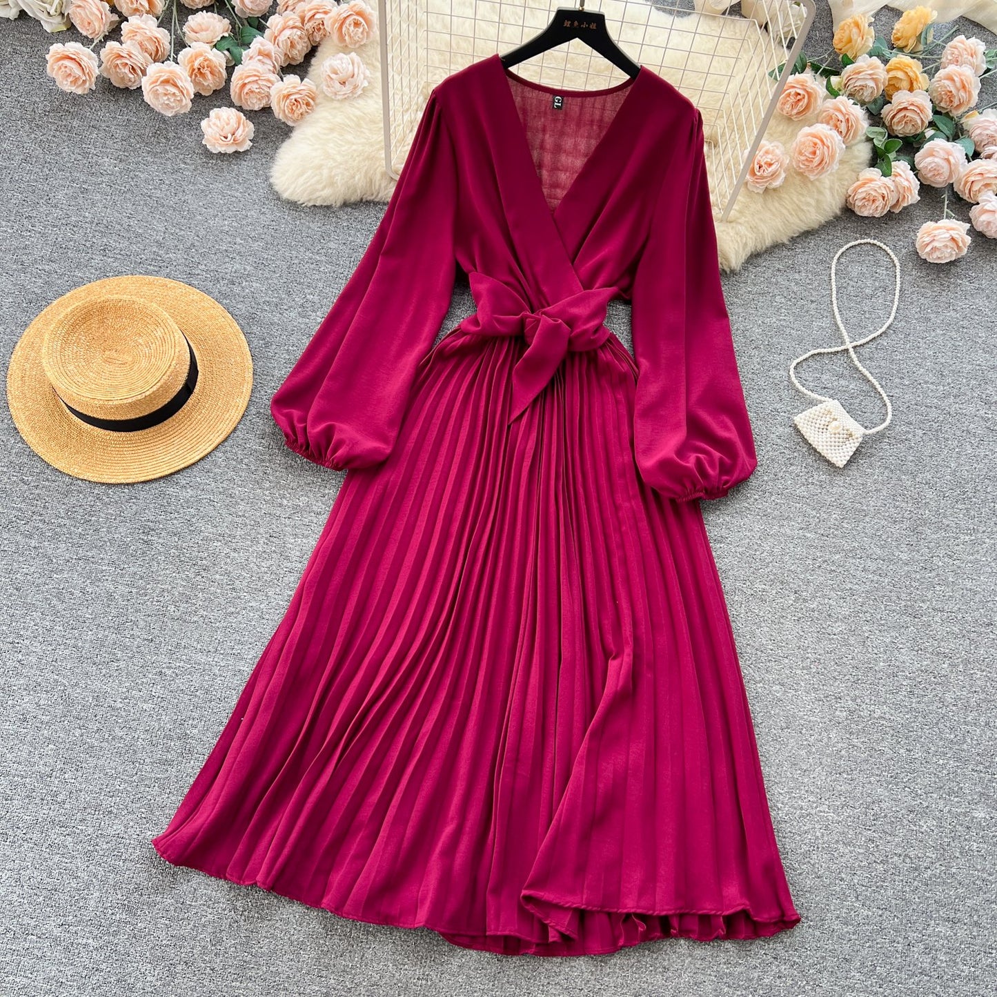 Summer Roman V-neck Tunic Waist Dress Women's Long Lantern Sleeve Empire Lace Dress Red Yellow Purple Black