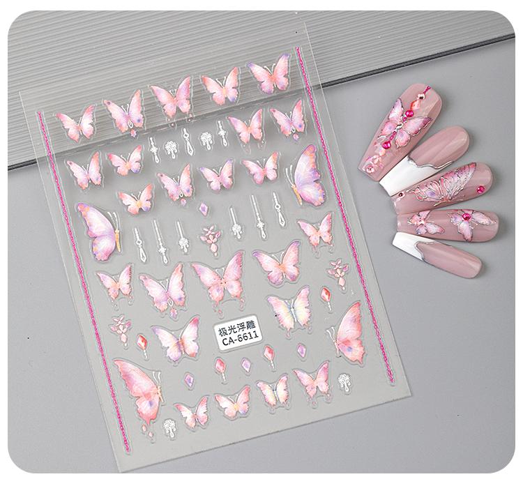 Honey Girl Hot Sell Adhesive Pink Blue Butterfly Nail Art 3D Decal Sticker