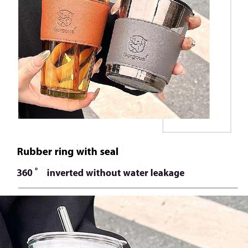 Large Capacity Heat Insulation Glass Double-layer Straw Water/coffee Cup With Plastic Lid High Appearance Summer Ins Net Red