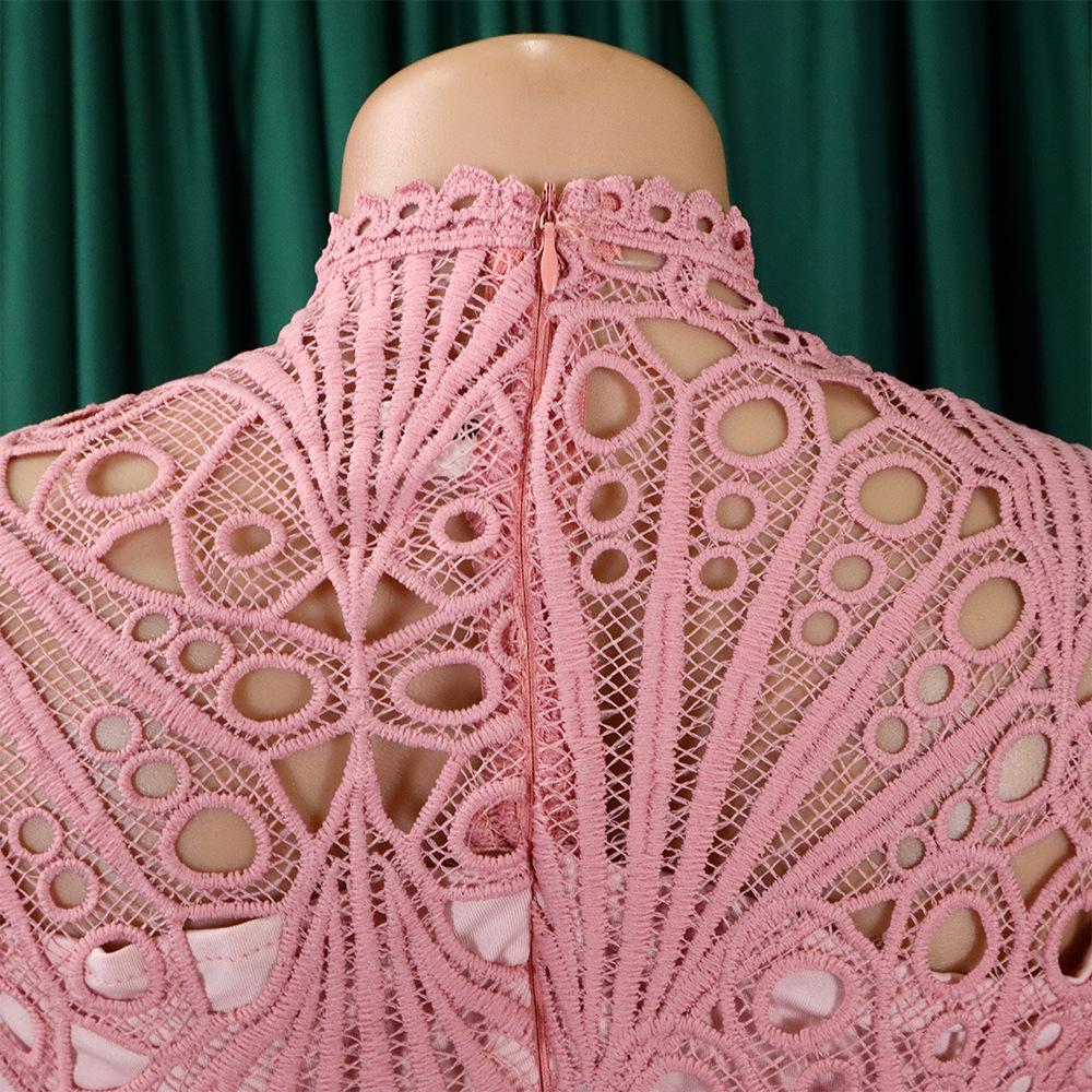 Women Crochet Lace Party Pleated Fashion Women Maxi Casual Dress Plus Size Long Sleeve Church Women Elegant Dress