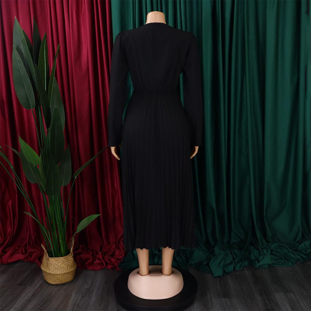 D419 Latest Design Ladies Office Dress Ladies Elegant Solid Color Long Sleeve Lace-up V-Neck Slim Pleated Skirt