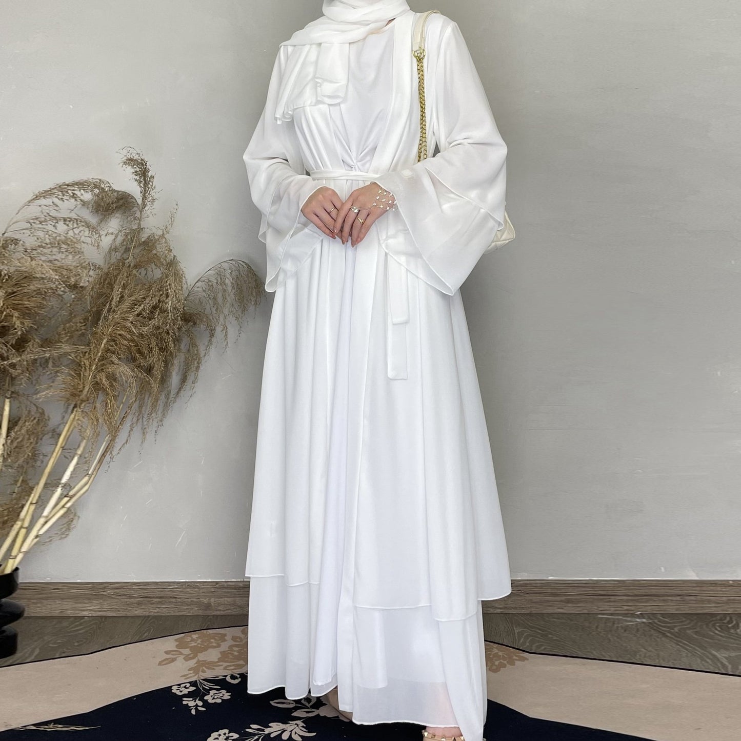 Wholesale Turkish Elegant Eid Women Muslim Dress Two Layer Chiffon Moderate Muslim Dress With Hjiab Kimono Open Dubai Abaya Suit