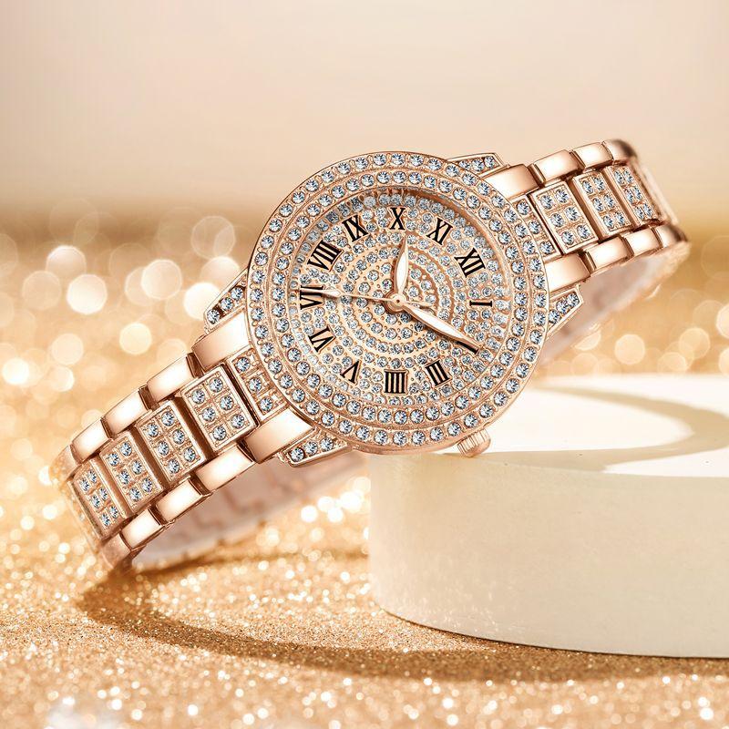 Fashion Women's Diamond Watch Rose Gold Dial Quartz Glass Digital Stainless Steel Watch Alloy Unisex 6mm Round 20cm 60g