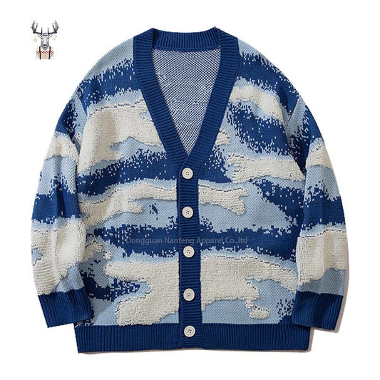 Nanteng Custom Logo Low MOQ 100% Cotton Fashion Casual V-neck Jacquard Pattern Knitted Button Men's Cardigan Sweater
