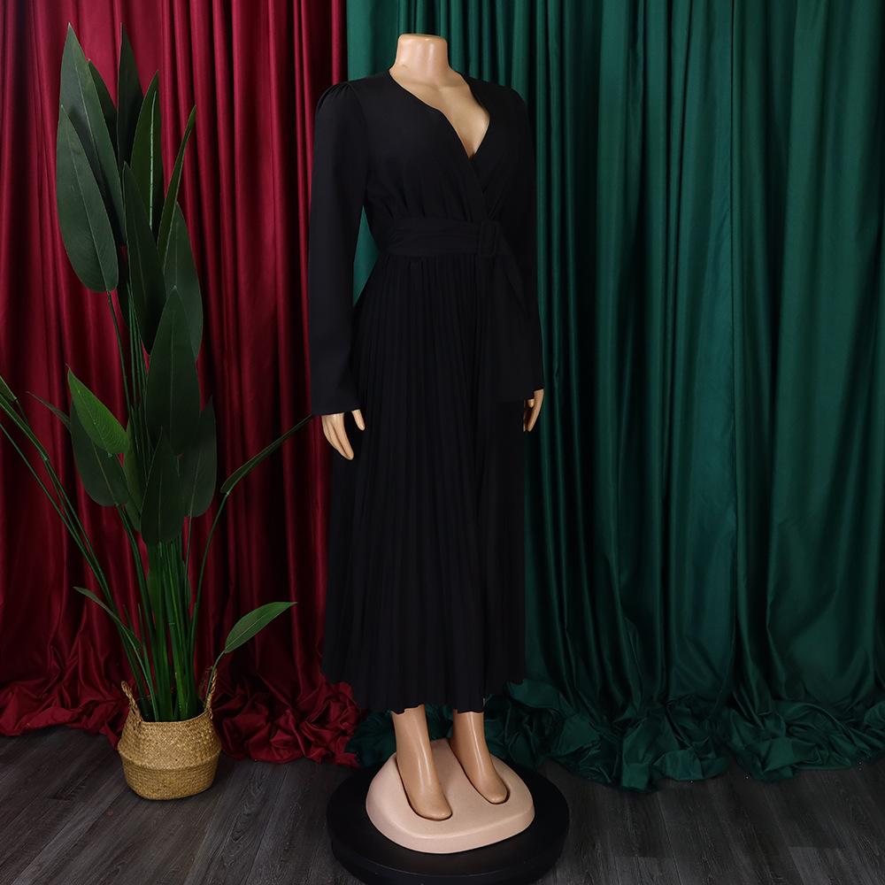 D419 Latest Design Ladies Office Dress Ladies Elegant Solid Color Long Sleeve Lace-up V-Neck Slim Pleated Skirt
