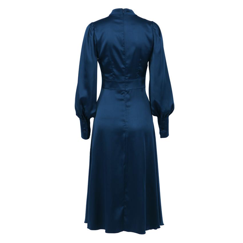Soft Material Long Sleeve Cutout Dress 2023 Women Elegant Dark Blue Satin Evening Dress Dress