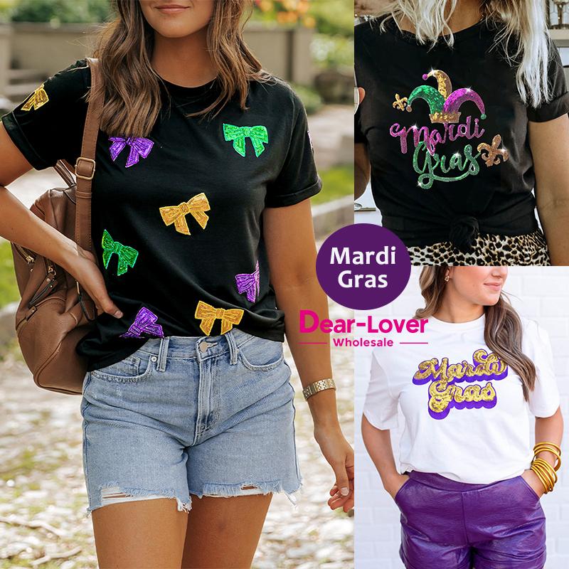 Dear Lover Wholesale Bulk Carnival Casual Summer Short Sleeve Round Neck Women Rhinestone Sequin Pattern T-Shirt