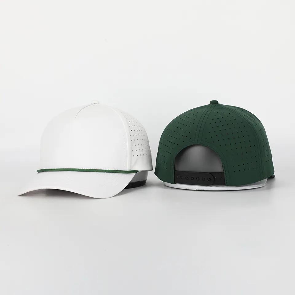 Custom Logo 5 Panel Plain Blank Golf Cap Cut Hole Perforated Classic Quick Dry Polyester Rope Cap