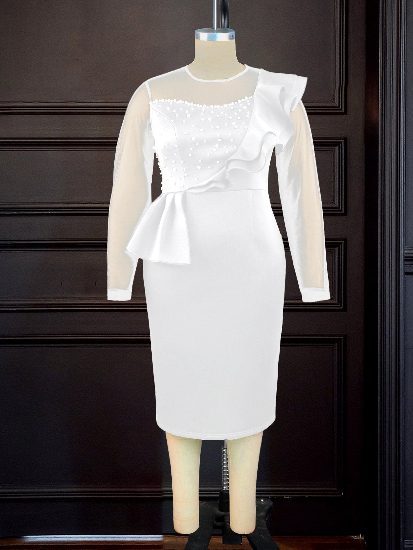 Full Sleeve Autumn White Bead Classic Ruffled Plus Size Women's Clothing