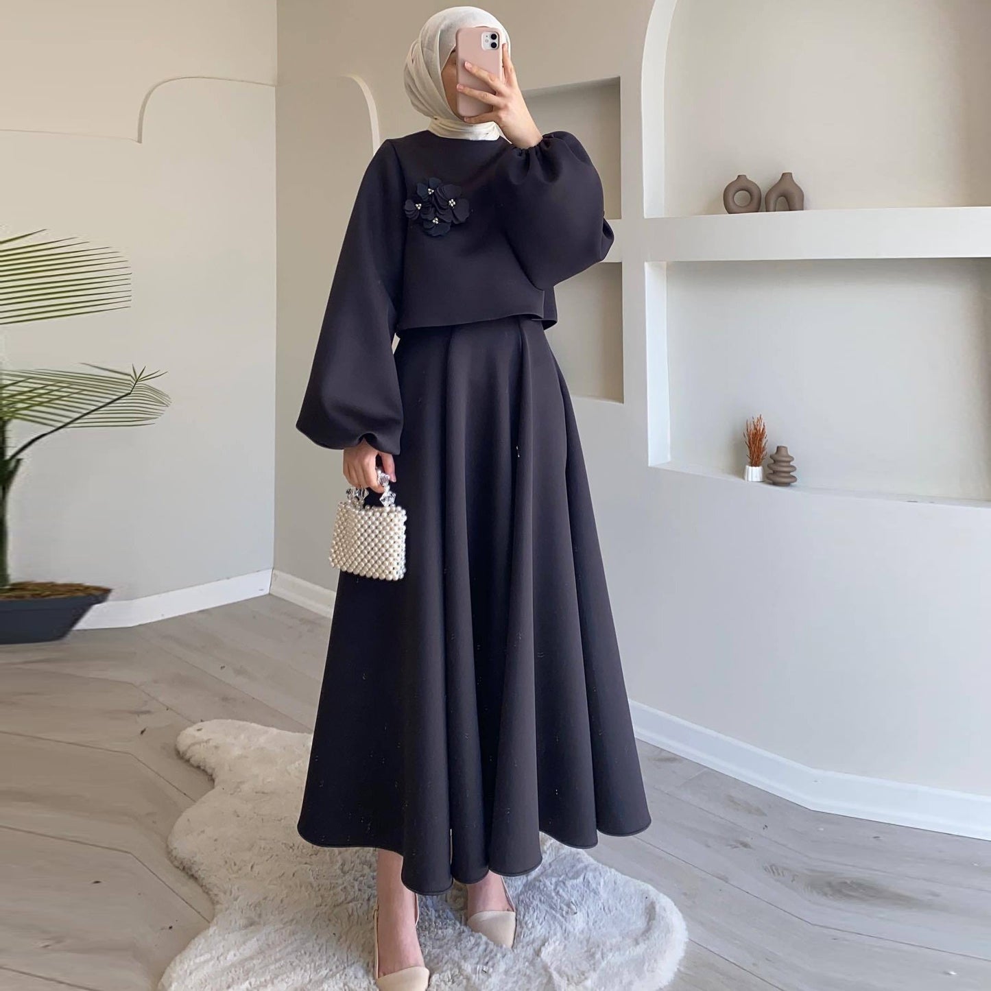 Wholesale Fashion Elegant Moderation Islamic Clothing Two-Piece Muslim Women Casual Shirt Floral Lantern Sleeve Loose Dress Suit