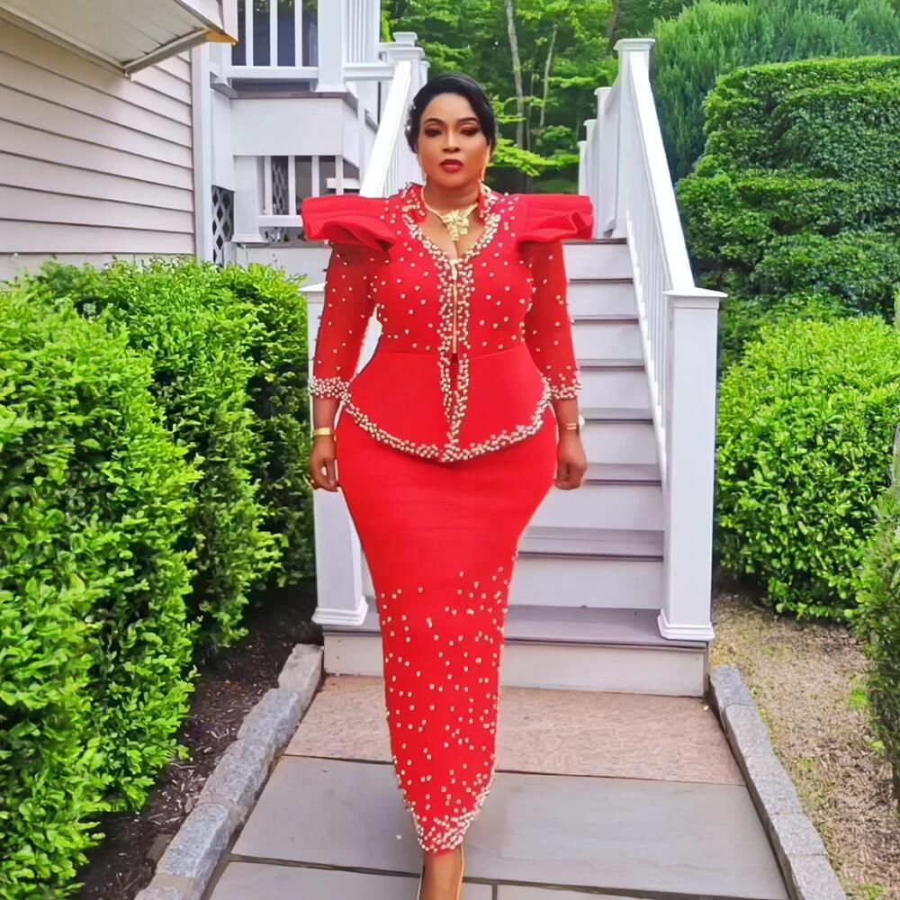 Luxury African Clothing Mesh Long Sleeve Dress Suit African Beaded Dress Elegant Turkish African Women's Clothing