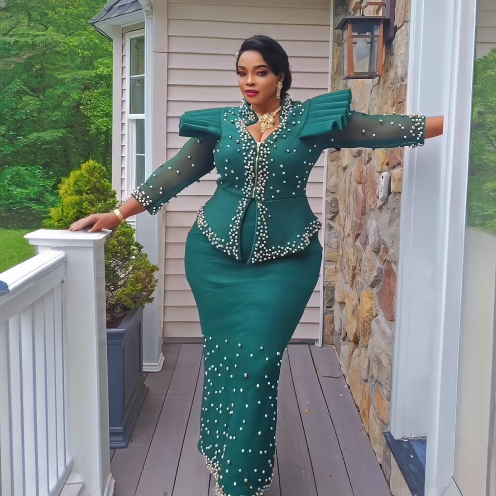 Luxury African Clothing Mesh Long Sleeve Dress Suit African Beaded Dress Elegant Turkish African Women's Clothing