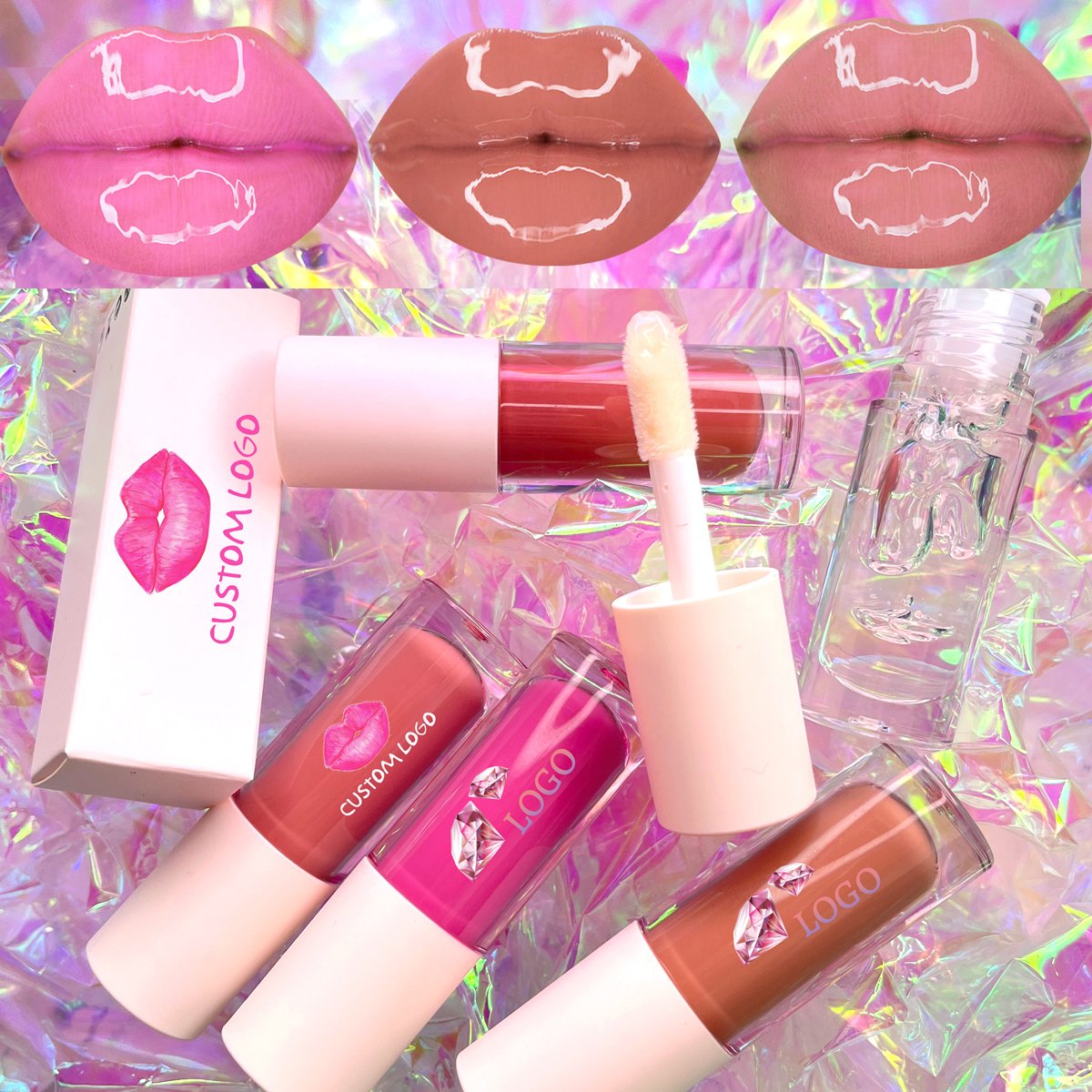 Wholesale Vegan Cosmetics Pink Transparent Nude Lip Gloss Supplier Custom Trademark Sequins Lip Gloss Private Label Lip Gloss