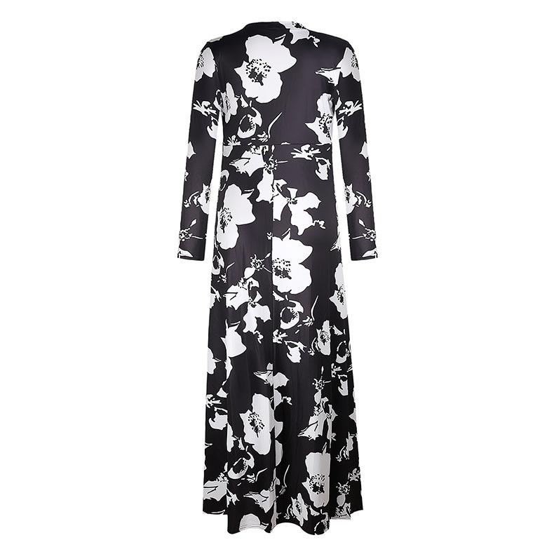 2024 Plus Size Women's Long-sleeved Women's Fat V-neck Printed Lace-up Waist Women's Maxi Skirt Women's Casual Wear