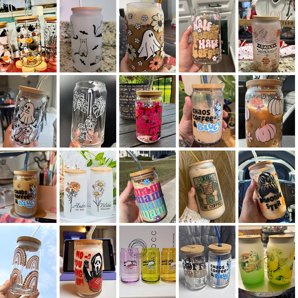UV Printing 16 Oz 20 Oz 25 Oz Soda Beer Can Shaped Glass Juice Milk Drinking Glass With Bamboo Lid And Straw For Christmas