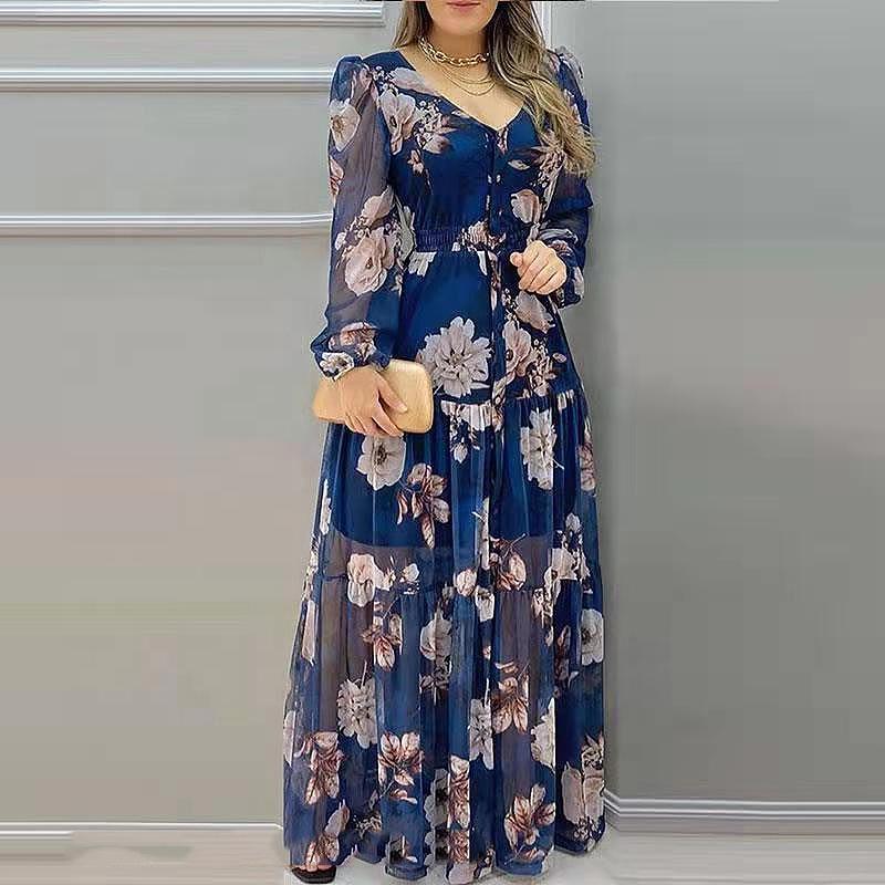 Wholesale Custom Chiffon Floral Dress Casual V-neck Mesh Print Maxi Dress Women Elegant Long Dress