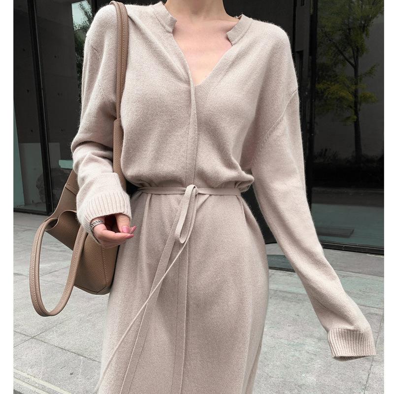 Wholesale 2021 Autumn New Fashion Simple Temperament Thin Solid Color Knee Drawstring Waist Knitted Dress