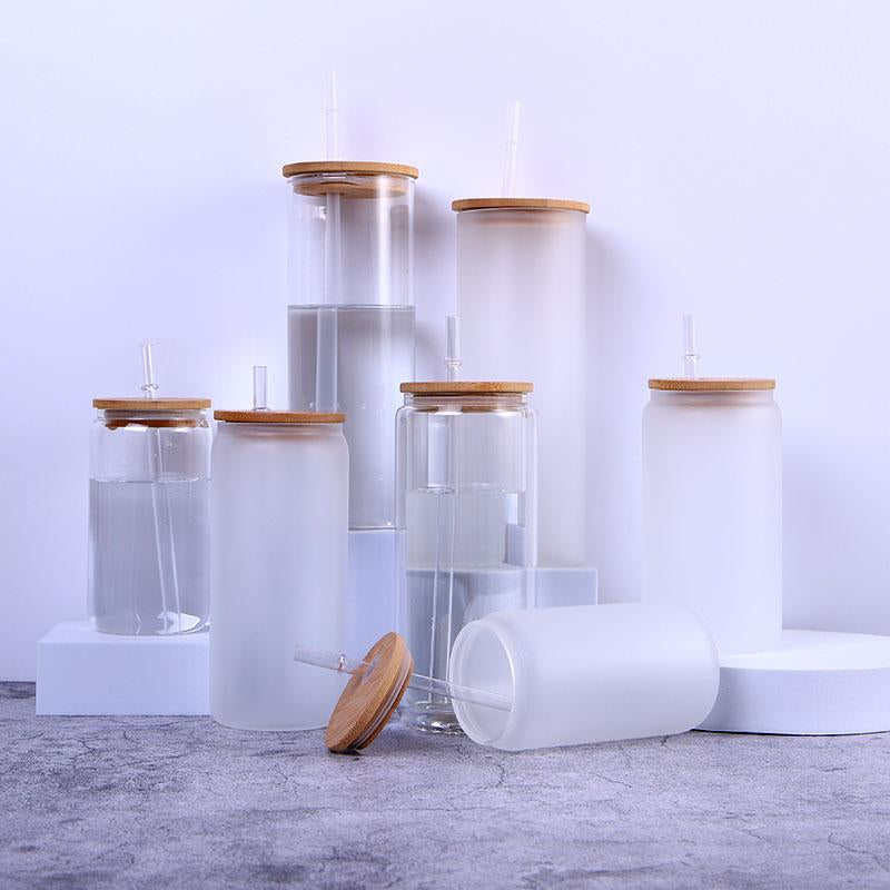 Custom Logo Eco-friendly 16 Oz 20 Oz Sublimation Blank Frosted Clear Beer Coffee Glass Jar Tumbler With Bamboo Lid And Straw