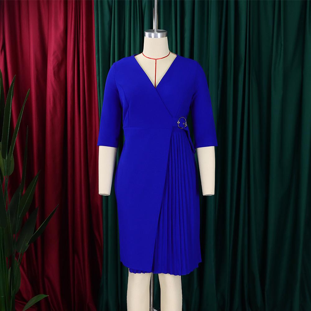 Custom Summer Women's Elegant 3 Quarter Sleeve Women Office Dress Pleated African Women's Clothing